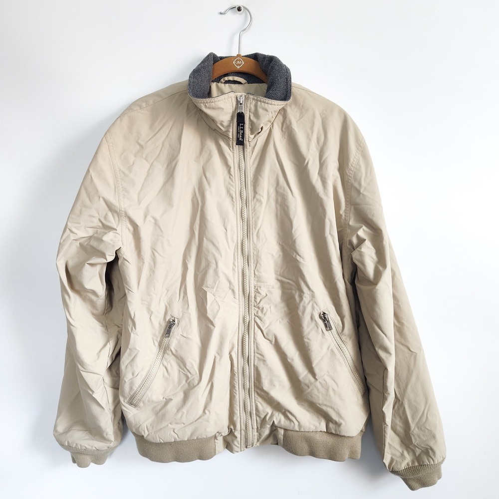 LL Bean Warm-Up‎ Jacket Mens Medium Tan Khaki Fleece Lined Bomber Windbreaker